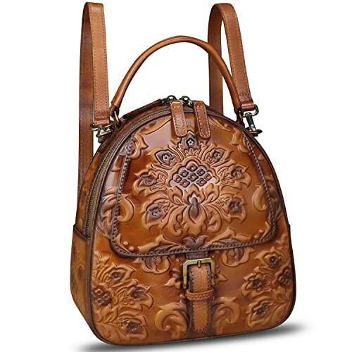 Vintage brown leather backpack with floral embossing