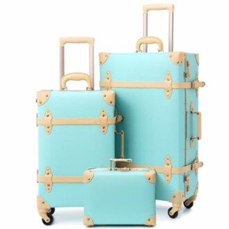 Set of three vintage-style blue suitcases with wheels.