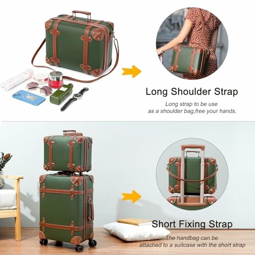 Green and brown vintage-style luggage set with long shoulder strap and short fixing strap options.