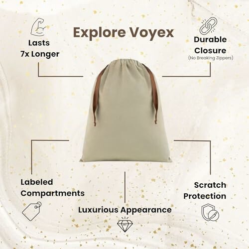 Voyex drawstring bag features: lasts 7x longer, durable closure, labeled compartments, luxurious appearance, scratch protection.